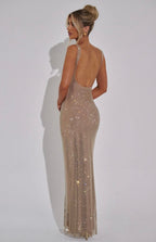 Elara | Sculpted Square Neck Crystal Mesh Maxi Dress