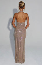 Cassidy | Plunging Neckline Crystal Mesh Halter Maxi Dress