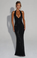 Cassidy | Plunging Neckline Crystal Mesh Halter Maxi Dress