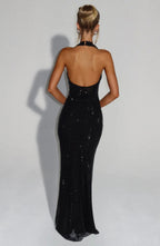 Cassidy | Plunging Neckline Crystal Mesh Halter Maxi Dress