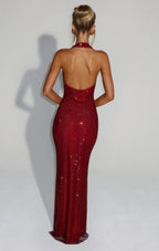 Cassidy | Plunging Neckline Crystal Mesh Halter Maxi Dress