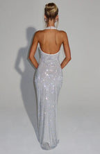 Cassidy | Plunging Neckline Crystal Mesh Halter Maxi Dress