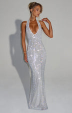 Cassidy | Plunging Neckline Crystal Mesh Halter Maxi Dress