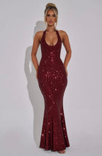 Estara | Contoured Fishtail Embellished Halter Maxi Dress