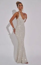Estara | Contoured Fishtail Embellished Halter Maxi Dress