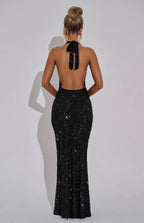 Stellara | Embellished Open Back Sequin Net Halter Maxi Dress