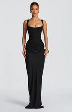 Nina | Sculpted Lowered Waist Square Neck Crepe Maxi Dress