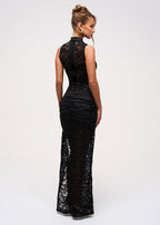 Kimmy | Sheer Black Lace Maxi Dress with Gold Detail & High Slit