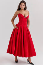 Nyssa | Full Pleated Romantic Silhouette Boned Corset Midi Dress
