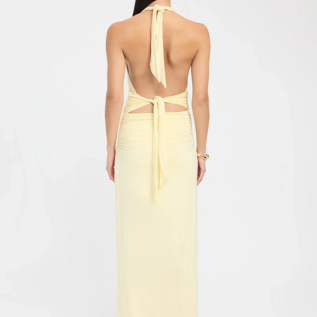 Ophelia | Open Back Ruched Plunging Maxi Dress
