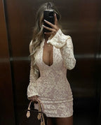 Sem | Long Sleeve Floral Lacework Mini Dress with Bold O-Neckline