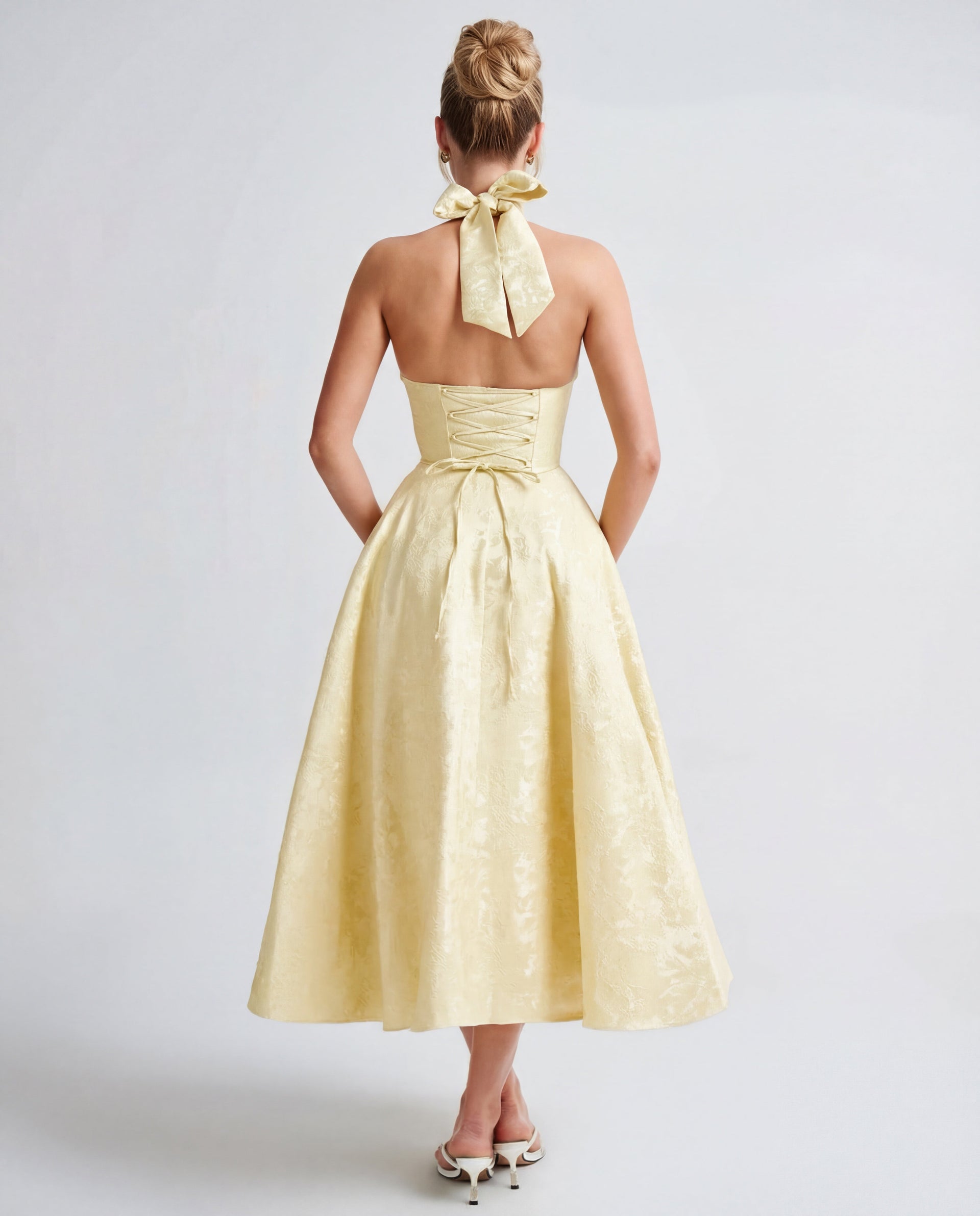 Evelyn | Halterneck Bustier Textured Jacquard Midi Dress