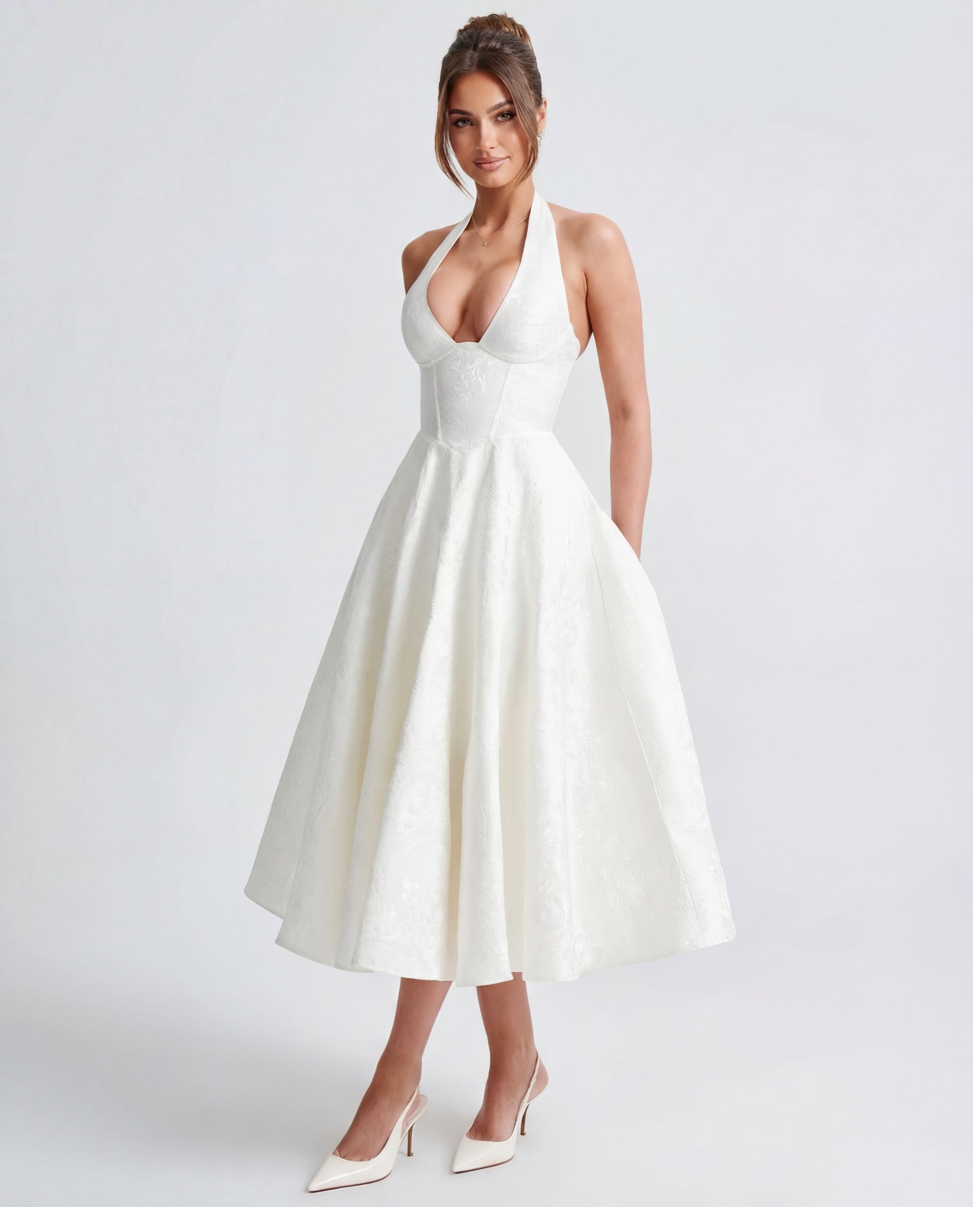 Evelyn | Halterneck Bustier Textured Jacquard Midi Dress