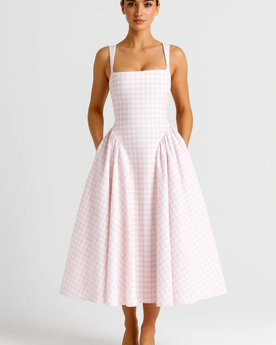 Nicolle | Retro Checkered Square-Neck Midi Dress