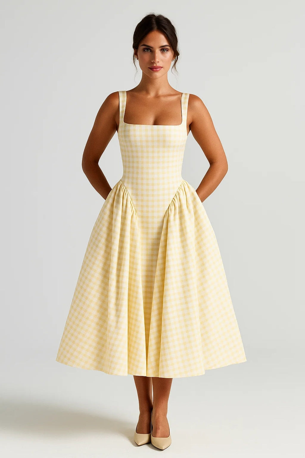 Nicolle | Retro Checkered Square-Neck Midi Dress
