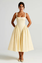 Nicolle | Retro Checkered Square-Neck Midi Dress