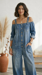 Ruth | Mono Azul Off Shoulder Pernera Ancha