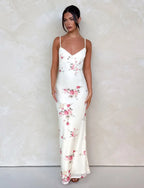 Julie | Elegant Printed Sleeveless  Rose Stripe Flowy Maxi Dress