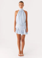 Willow | Open Back Ruffle Hem High-Neck Chiffon Mini Dress