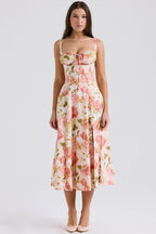 Carmen | Pink Peony Lace Up Back Floral Side Split Midi Dress