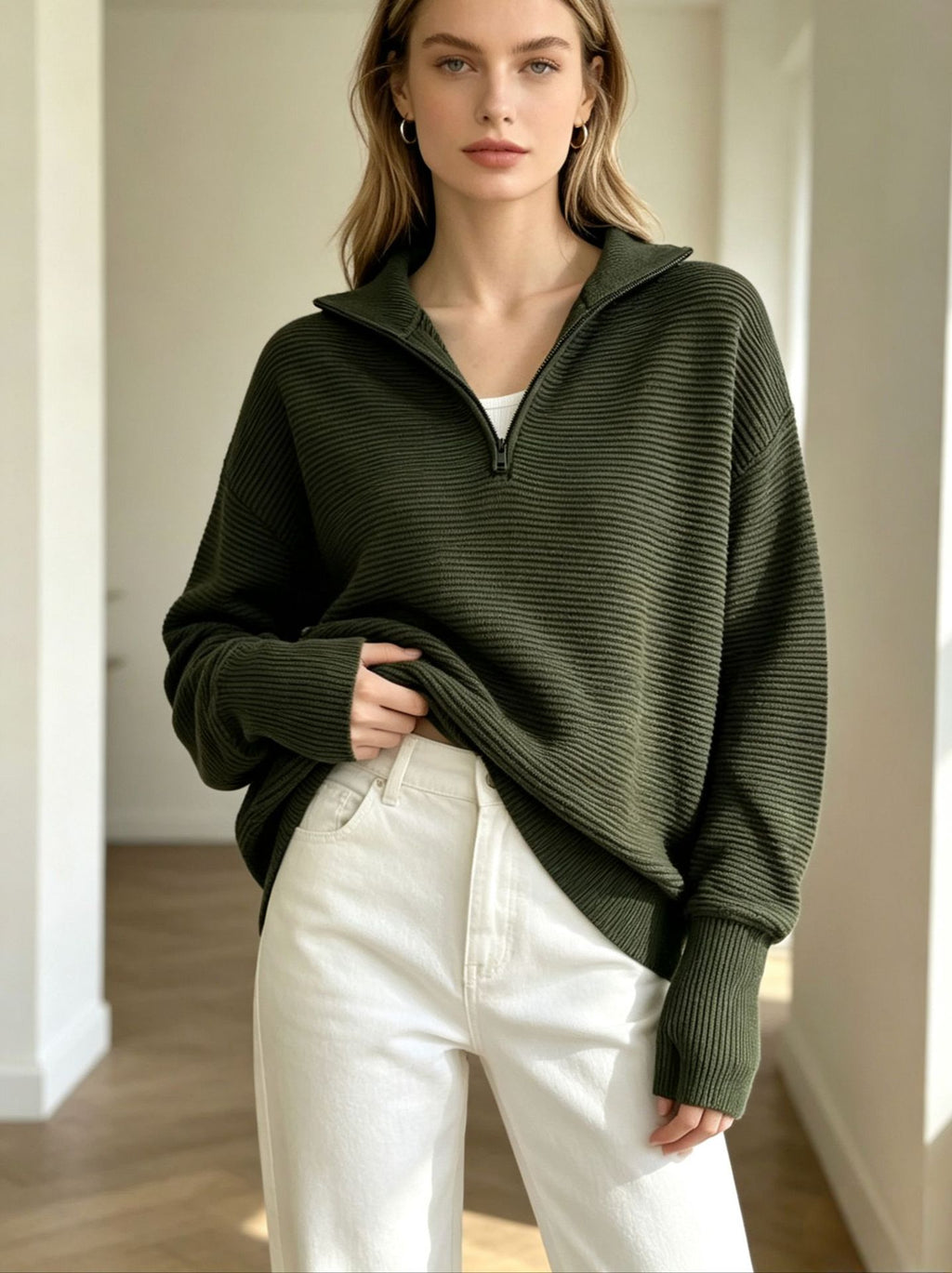 Womens Long-sleeve Pullover Top With A Half-zip