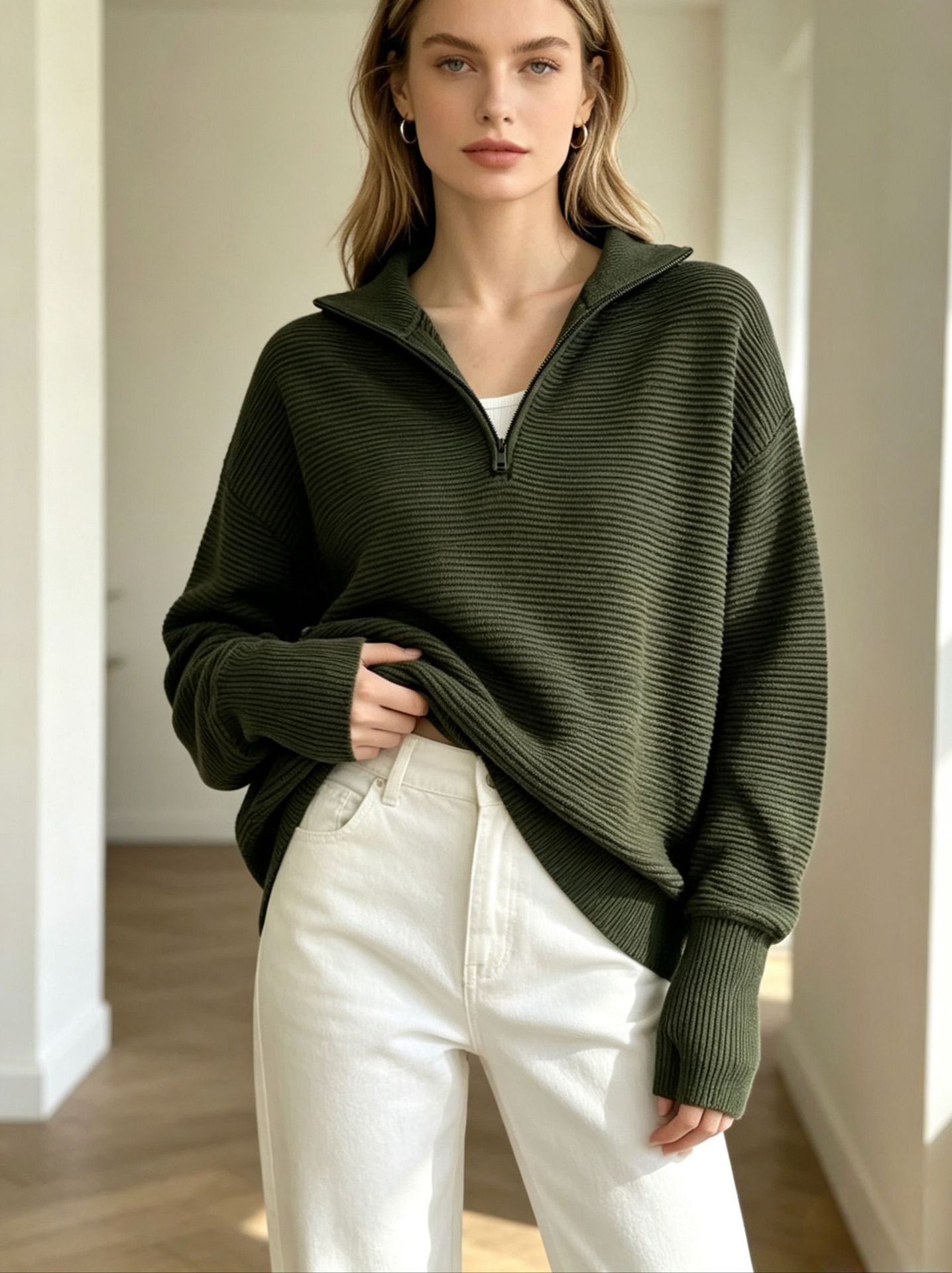 Womens Long-sleeve Pullover Top With A Half-zip