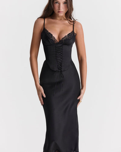 Salma | Black Satin Slip Detachable Corset Midi Dress