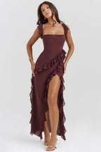 Soho | Square Neck Thigh-High Slit Ruffle Side Maxi Dress
