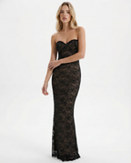 Catrine | Sheer Floral Lace Corset Maxi Dress with Detachable Sleeves