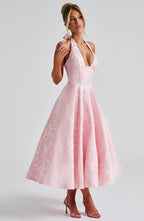 Rosie | Floral Jacquard Halter Midi Dress