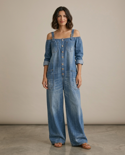 Ruth Mono Azul Off Shoulder Pernera Ancha - Eclora