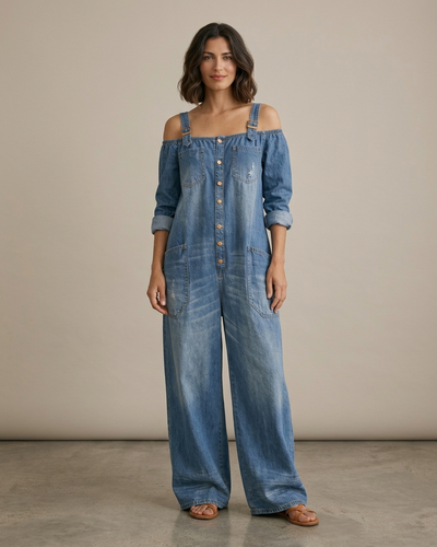 Ruth | Mono Azul Off Shoulder Pernera Ancha