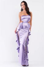Tiffany | Lilac Strapless Satin Sweetheart Cut-Out Maxi Dress