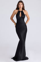 Oliviana | Luxe Black Fluid Satin Halter Keyhole Maxi Dress