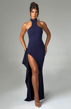 Isadora | High Neck Stretch Crepe Maxi Dress with Drape Split