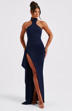 Isadora | High Neck Stretch Crepe Maxi Dress with Drape Split