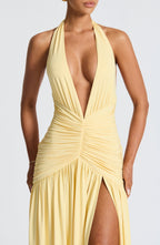 Melania | Women's Lemon Halterneck Maxi Dress with Thigh Split