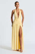 Melania | Women's Lemon Halterneck Maxi Dress with Thigh Split