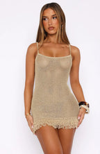 Siranda | Sheer Open-Knit Fringe Mini Dress
