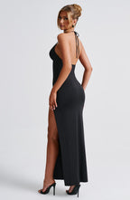 Kesha | Black Halter Neck Maxi Dress with High Split