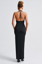Kesha | Black Halter Neck Maxi Dress with High Split