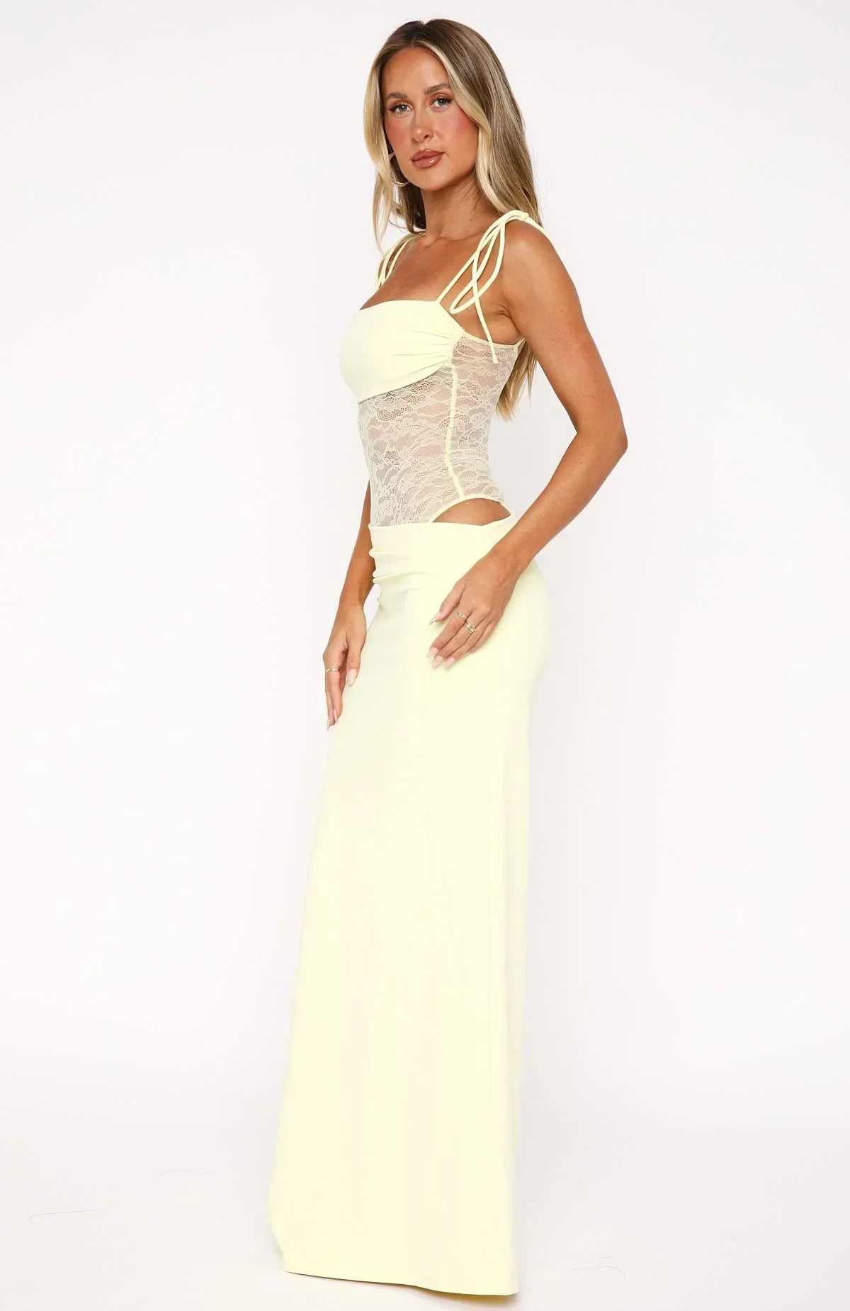 Jenni | Square Neck Lace Detail Sculpting Maxi Dress
