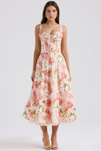 Camellia | Corseted Bustier Floral Stretch Cotton Midi Dress