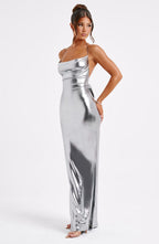 Vivienne | Gunmetal Metallic Maxi Dress – Backless Evening Gown