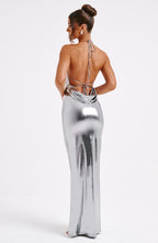 Vivienne | Gunmetal Metallic Maxi Dress – Backless Evening Gown