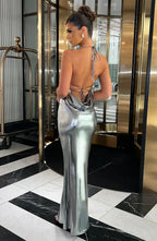 Vivienne | Gunmetal Metallic Maxi Dress – Backless Evening Gown